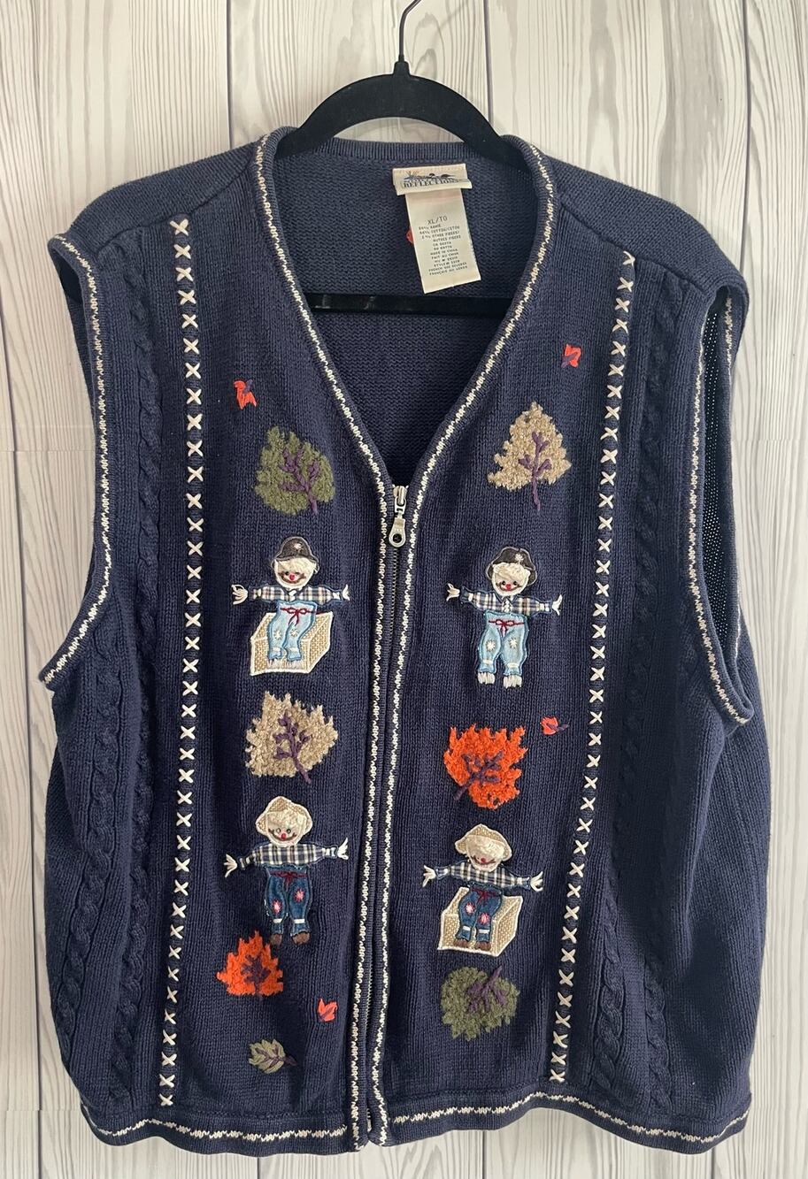 VTG Northern Reflections Fall Scarecrow Sweater Vest Navy Zip Front extra large